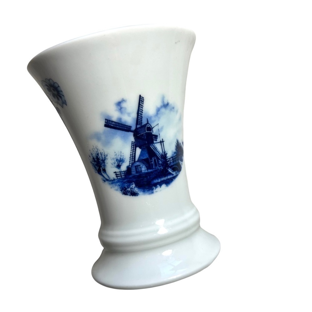 Dutch Windmill Handcrafted in Holland Vintage 80’s Small Floral Vase Blue White